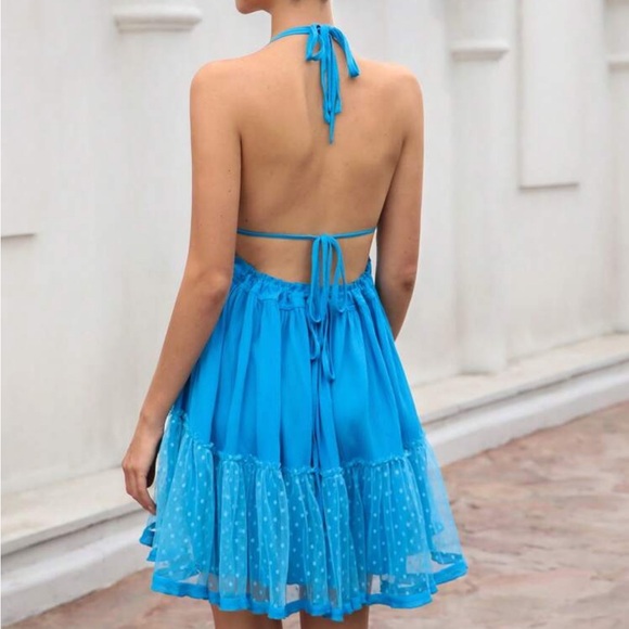 Bohemian Mint Green Backless V Halter Swiss Dot Mini Layered Dress - Picture 10 of 11